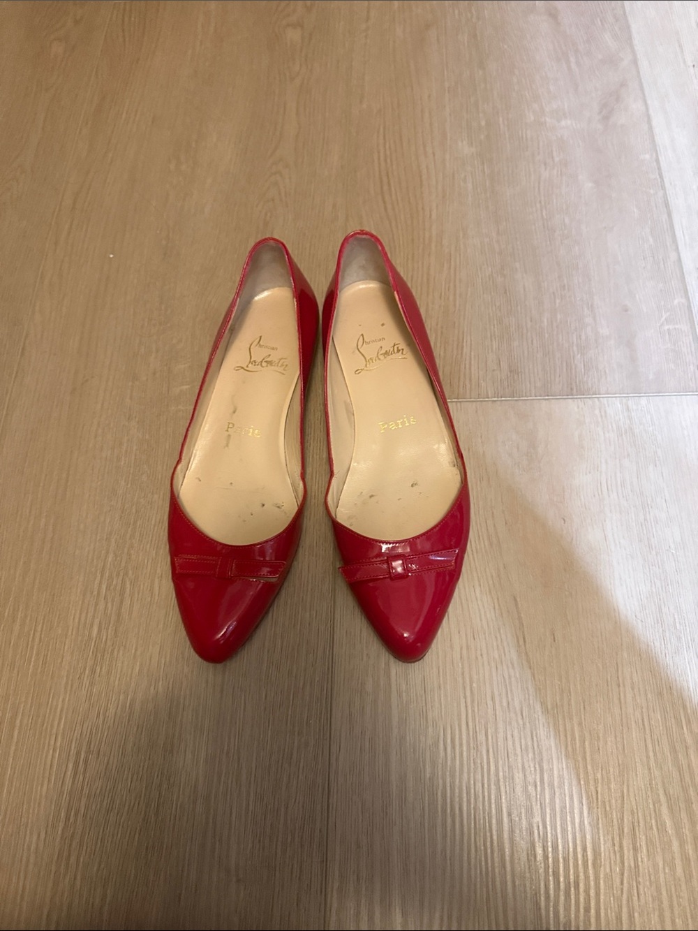 Christian Louboutin Red Patent Pointed-Toe Flats with Bow Trim
